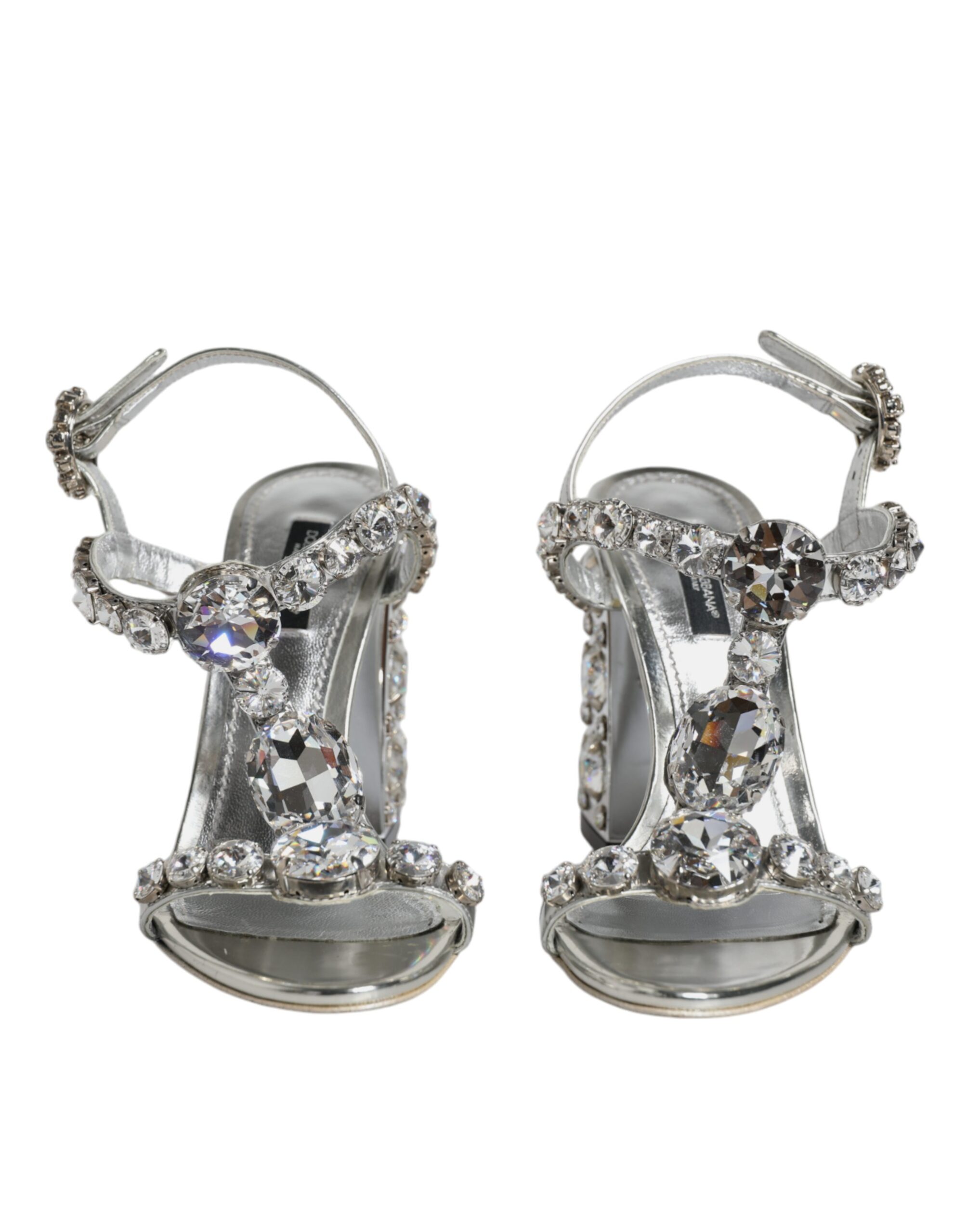 Silver Leather T-strap Crystal Sandals Shoes hover