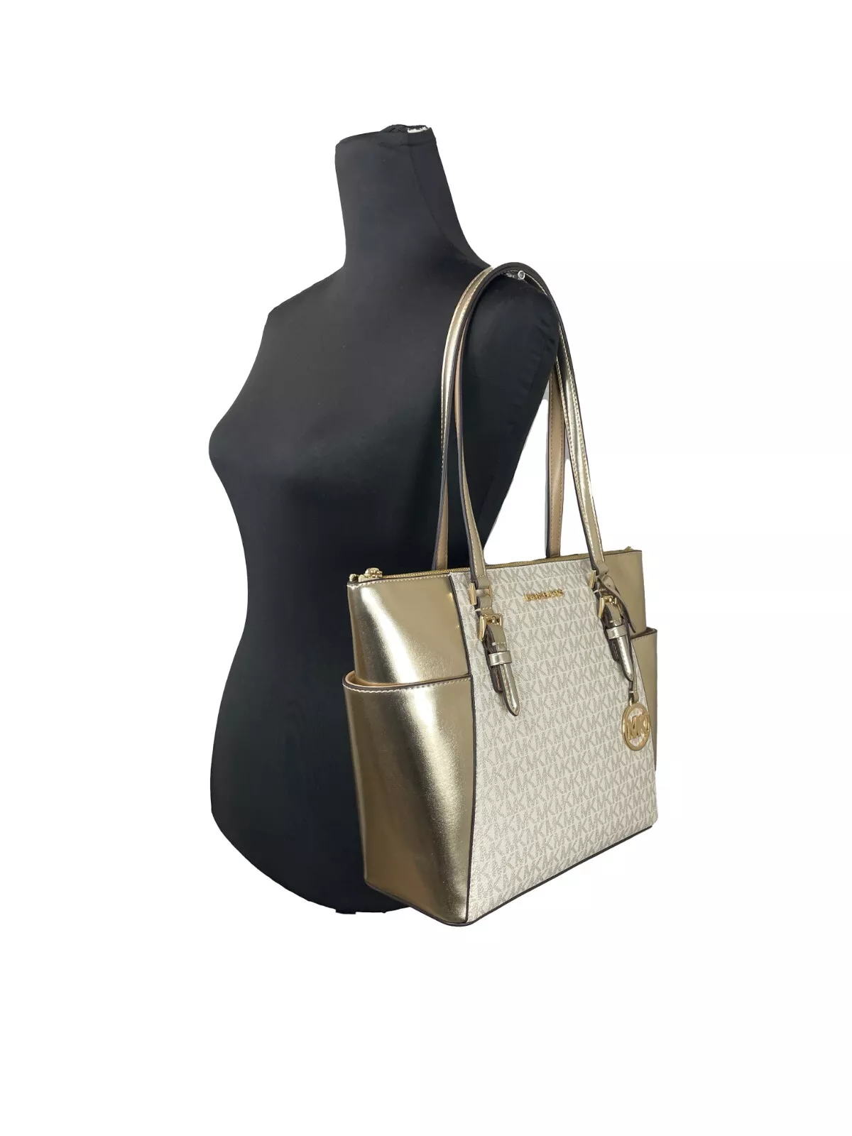 Charlotte Large Leather Top Zip Tote Bag Purse Gold hover