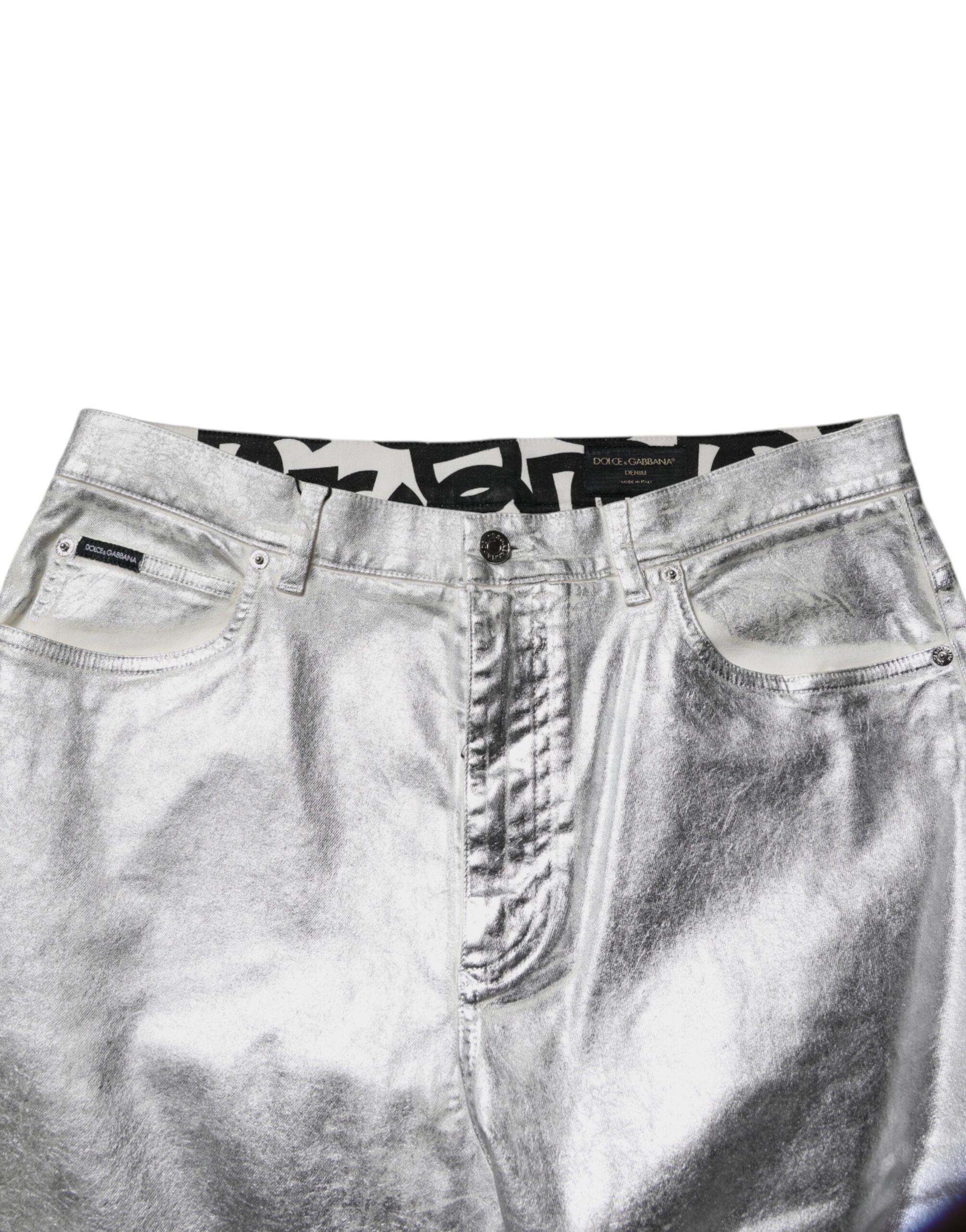 Metallic Silver Cotton Straight Denim Jeans
