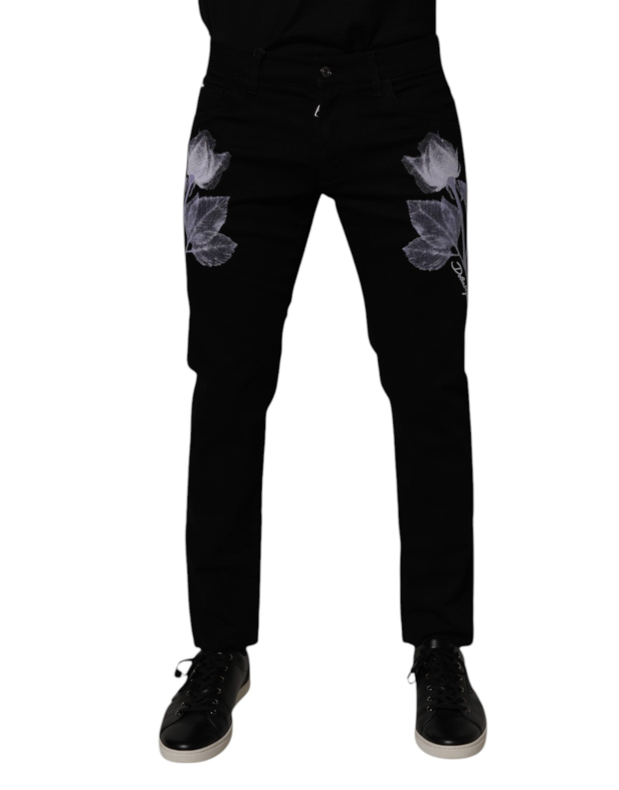 Black Floral Cotton Skinny Men Denim Jeans