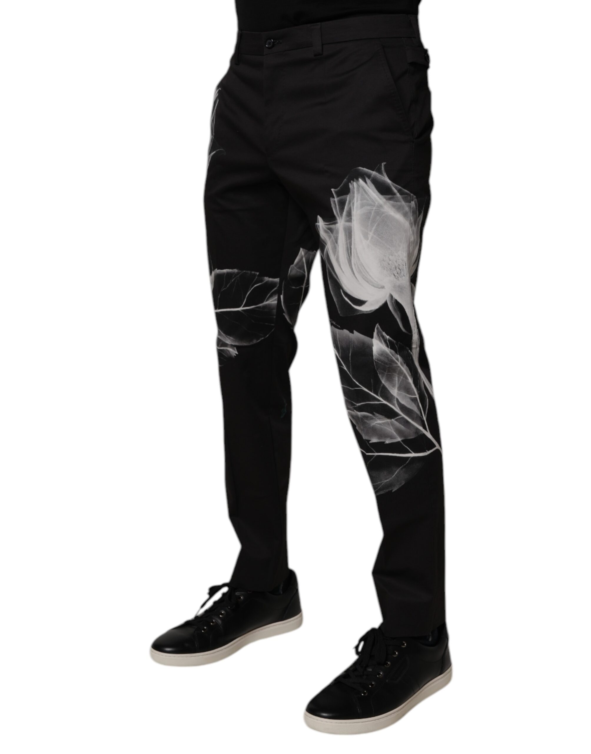 Black Cotton Floral Skinny Dress Pants